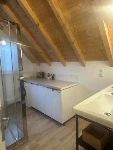 La salle de bains est pourvue d'un comptoir, d'une douche et d'un lavabo. dans l'établissement Chalet Ohana, à Risoul
