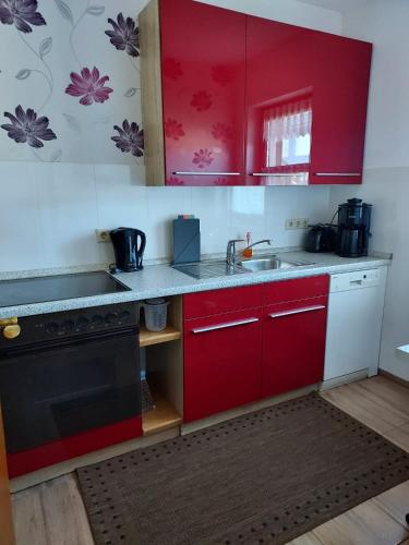 Una cocina con gabinetes rojos y un fregadero. en Am Park 2, en Wendtorf