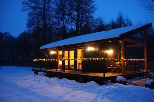 a cabin in the snow at night with christmas lights at 3pokoje - Domek lub Pokój pod lasem na odludziu, jacuzzi, sauna, kominek, Roztocze in Susiec