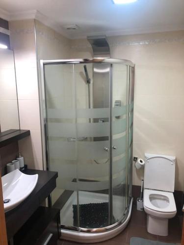 a bathroom with a glass shower and a toilet at Toxiños in Carballino
