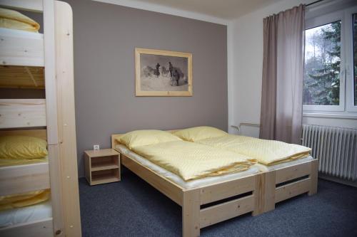 a bedroom with two bunk beds and a window at Penzion Kouty in Loučná nad Desnou