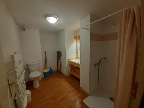 une salle de bain avec toilettes, lavabo et douche dans l'établissement Appartement 4 pers avec Wi-Fi et Animaux admis proche remontées à Valfréjus - FR-1-561-122, à Modane