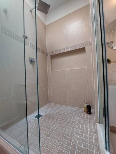 a shower with a glass door in a bathroom at Encantadora Casa en La Yesca cerca de poliforum in Santa Julia