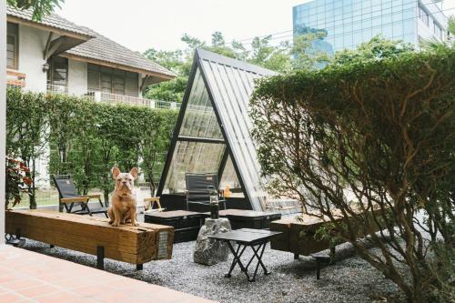 バンコクにあるMy Sukhumvit Villaの庭のベンチに座る犬
