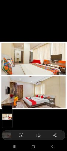 two pictures of a room with two beds in it at Lavish residency near to Rammurthynagar main road in Bengaluru