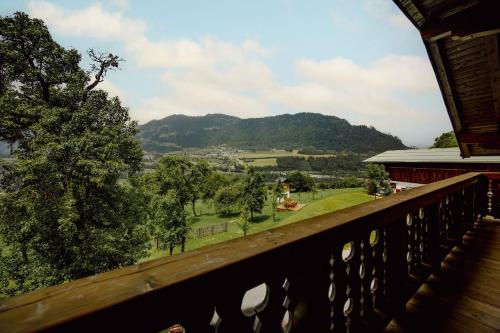 a balcony with a view of a park and mountains at Chalet Hinterweiding Gut in Wiederriesen