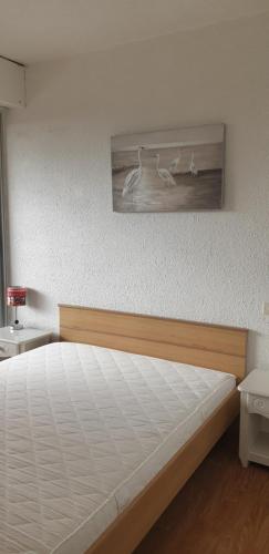 - une chambre dotée d'un lit avec une photo de cerf sur le mur dans l'établissement Les Marines du Soleil Canet-Plage, à Canet