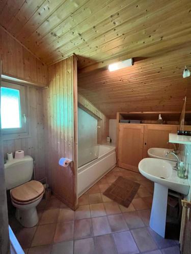 une salle de bain avec toilettes, baignoire et lavabo dans l'établissement Family-friendly Self-catering Chalet Rental in Abondance - Sleeps 12 Portes du Soleil, à Abondance