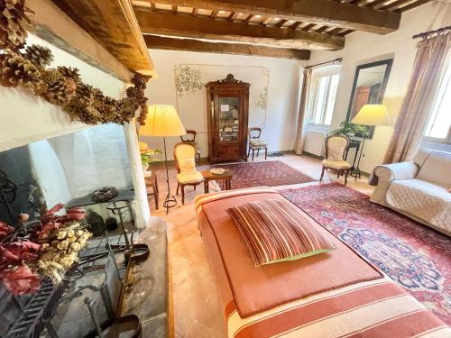 a living room with a couch and a fireplace at Exclusive pool - wondrous views - biological Gardens - pool house - 12 guests in Marzolini