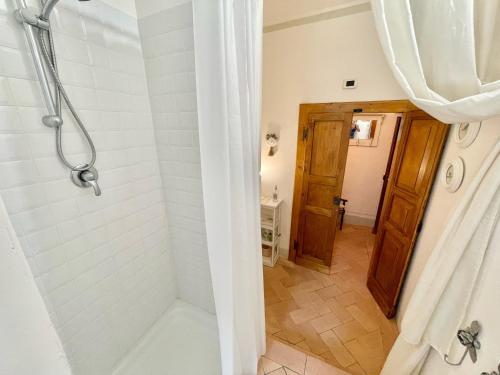 a bathroom with a shower and a toilet at Exclusive pool - wondrous views - biological Gardens - pool house - 12 guests in Marzolini