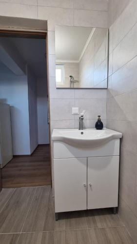 a bathroom with a white sink and a mirror at Camere Anita in Bucharest