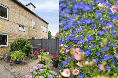 two pictures of flowers in front of a house at Delicius apartment near the Beach,Metro, Airport in Copenhagen