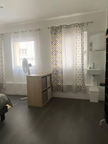 - un salon avec un lavabo et une fenêtre dans l'établissement Appartement spacieux et confortable au centre de Chambéry L'appart de L'atelier du citron et sa déco citronnée, à Chambéry