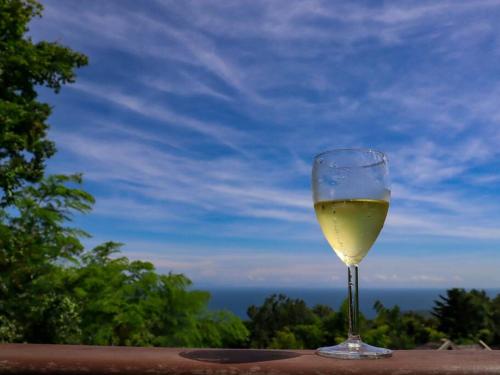 a glass of white wine sitting on a table at 伊豆高原-忘我庵 Cozy Ocean View Villa in Ito