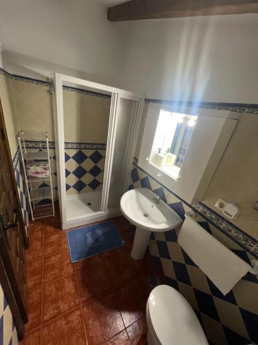 a bathroom with a toilet and a sink and a shower at Casa Pancho in Zahara de la Sierra