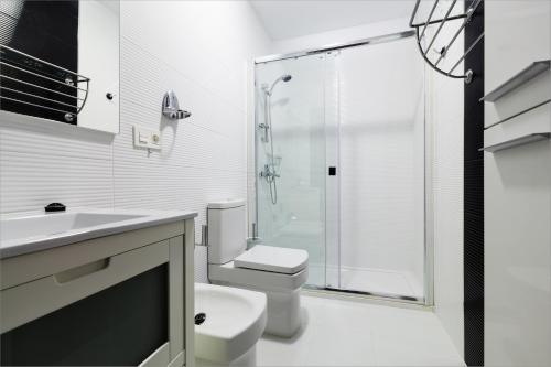 a white bathroom with a toilet and a shower at Hostal Arriola in Granada