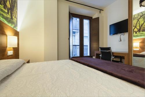 a bedroom with a large bed and a desk at Hostal Arriola in Granada
