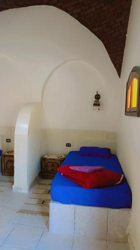 a bedroom with a blue bed with a red pillow at White Desert Soul Safari Camp Desert Experience in Mandīshah