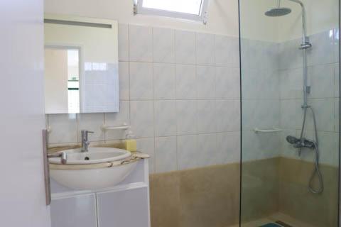 a bathroom with a sink and a glass shower at The View House in Ponta do Sol
