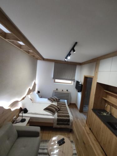 a bedroom with a bed and a couch and a sink at Apartments D035 & D032 in Aparthotel Vucko, Jahorina-private host in Jahorina
