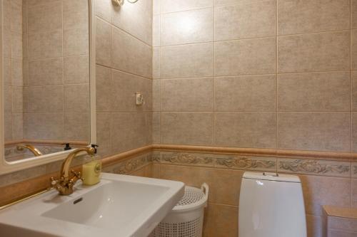 a bathroom with a sink and a toilet and a mirror at Arctic Countryside House in Rovaniemi
