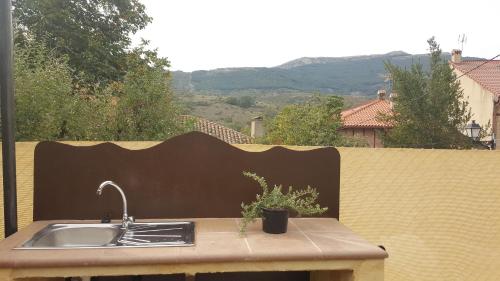a kitchen sink with a potted plant on a table at Madre Terra in La Puebla de la Sierra