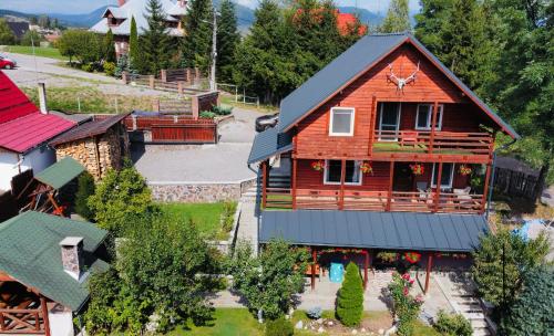 an aerial view of a wooden house with a yard at Cabana Scruba in Topliţa
