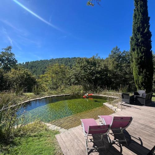 two chairs sitting on a deck next to a pond at Bastide de Garidelle in Callas