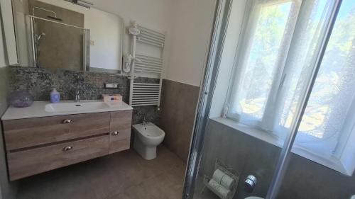 a bathroom with a toilet and a sink and a shower at Tana della Lavanda in Montefiorino