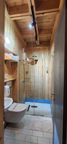 a bathroom with a toilet and a glass shower at Hotel London in Tirana