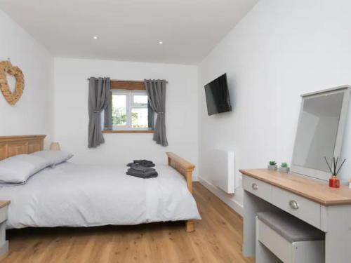 ein Schlafzimmer mit einem Bett, einem Schreibtisch und einem Fernseher in der Unterkunft Adorable 1 bedroom Country Cottage in Bodewryd