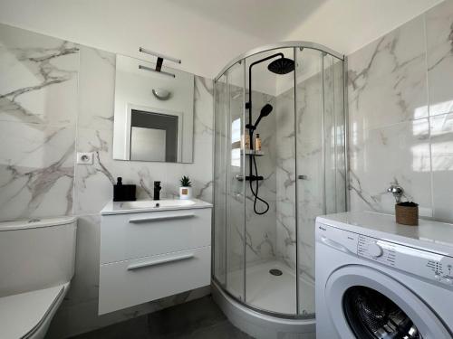 une salle de bain avec douche et machine à laver dans l'établissement Appartement cosy à 2 pas de la Croisette, à Cannes