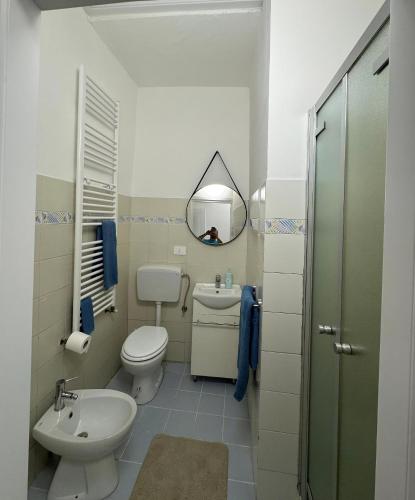 a bathroom with a sink and a toilet and a mirror at CasaTiffany - Intera casa in Piacenza