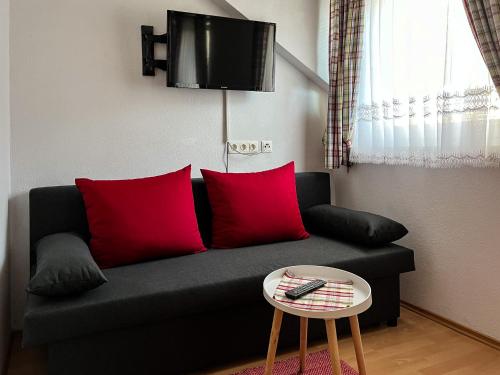 a living room with a black couch with red pillows at Obermerkenbergerhof in Hofstetten