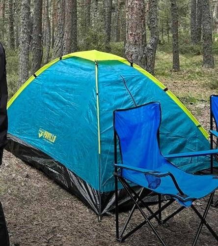 2 chaises et une tente dans les bois dans l'établissement Night Beacon, à Chèvreville