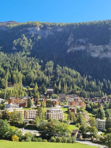 an aerial view of a city with trees and buildings at Ferienwohnung Athosia in Leukerbad