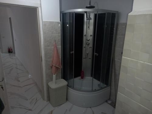a shower with a glass door in a bathroom at Twins Residence 2 APART HOTEL AP 4 2 rooms in Chiajna