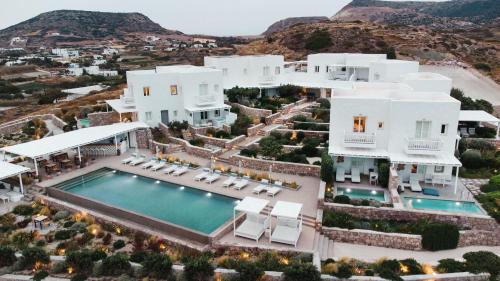 an aerial view of a villa with a swimming pool at Milos Breeze Boutique Hotel in Pollonia