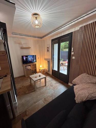 a living room with a couch and a table at Petit studio et son spa abrité in Nancy