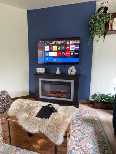 a living room with a fireplace and a tv at The Urban Green! Cosy luxury apartment in Chiswick in London