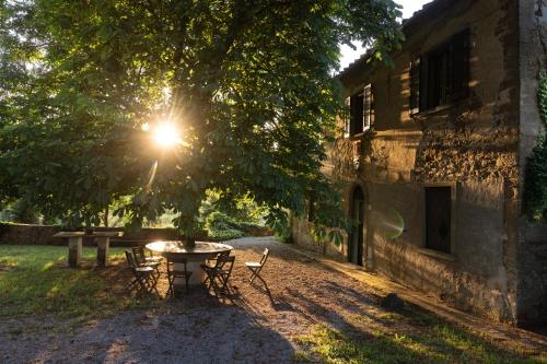 a table and chairs under a tree next to a building at Castello del Calcione in Lucignano