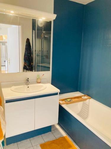 La salle de bains bleue est pourvue d'un lavabo et d'une baignoire. dans l'établissement Bel appartement à Pantin avec balcon, à Pantin