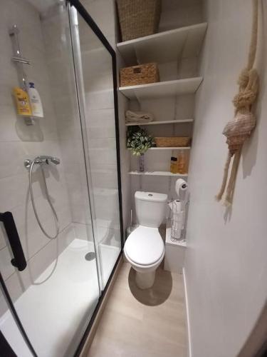 une salle de bain avec toilettes et douche en verre dans l'établissement Studio Emmé neuf indépendant Nice Centre, à Nice