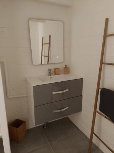 a bathroom with a sink and a mirror at Bungalow Villa-Déhé in Deshaies