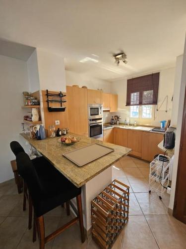 une cuisine avec un grand îlot au milieu dans l'établissement Marina Port du Roy, à Aigues-Mortes