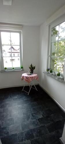 a white room with a table and two windows at Fewo Nied in Rehlingen-Siersburg
