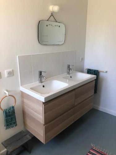 une salle de bain avec un lavabo et un miroir au mur dans l'établissement Le joli studio bleu & vert de St Pierre, à Saint-Pierre-dʼAurillac
