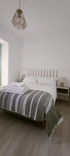 a bedroom with a bed with a black and white comforter at Tu Casa San Marcos in Segovia
