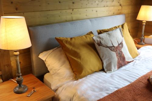 a bedroom with a bed with pillows and a lamp at The Cabin Pipershill in Newtown Butler