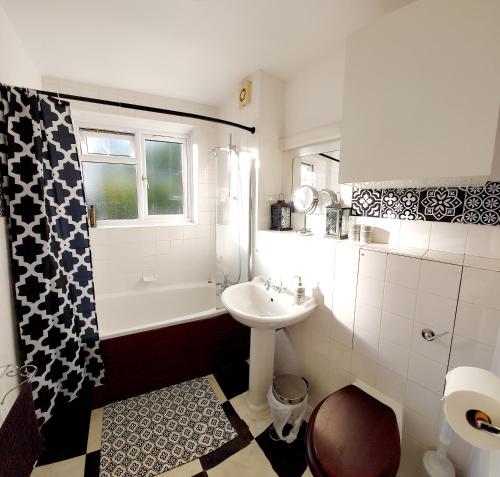 a bathroom with a sink and a toilet and a shower at Oriental, 2 Double Bedroom Flat, Royal Greenwich, SE London in London